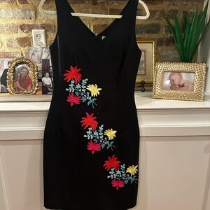 Tibi Black Dress with Red and Yellow Floral Embroidery